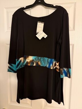 eva varro Black Long Sleeve Tunic with Blue Teal Accent